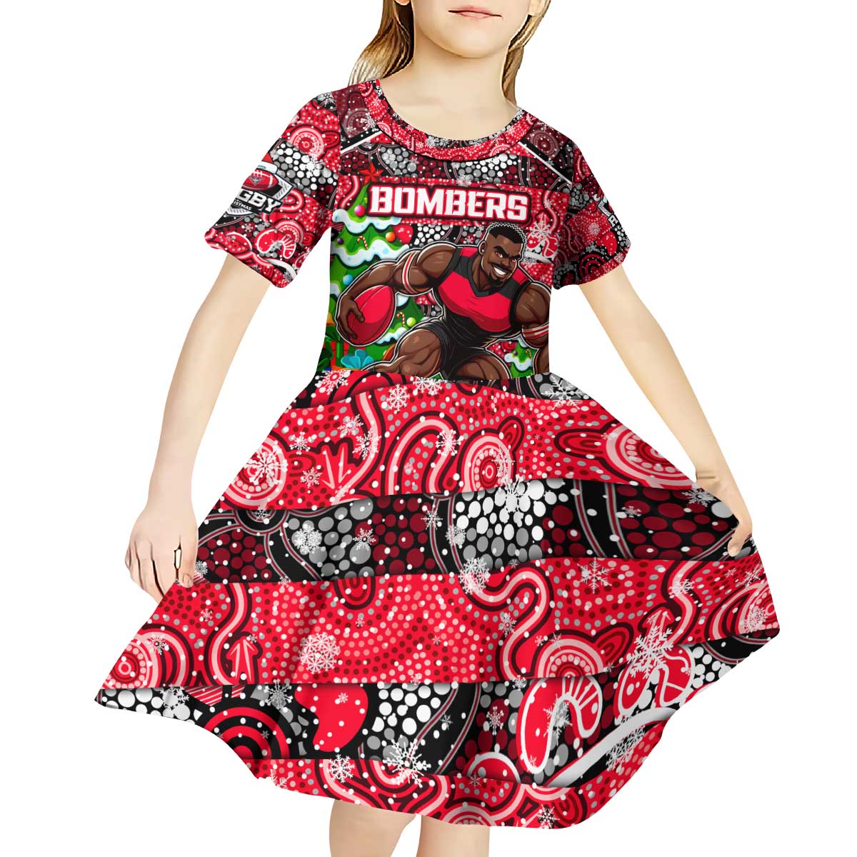 Custom Bombers Rugby Merry Christmas Kid Short Sleeve Dress Indigenous Australian Art
