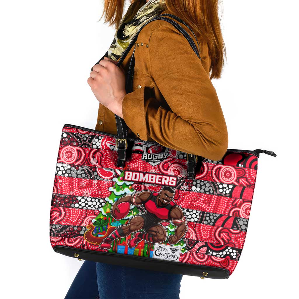 Bombers Football Merry Christmas Leather Tote Bag Indigenous Australian Art