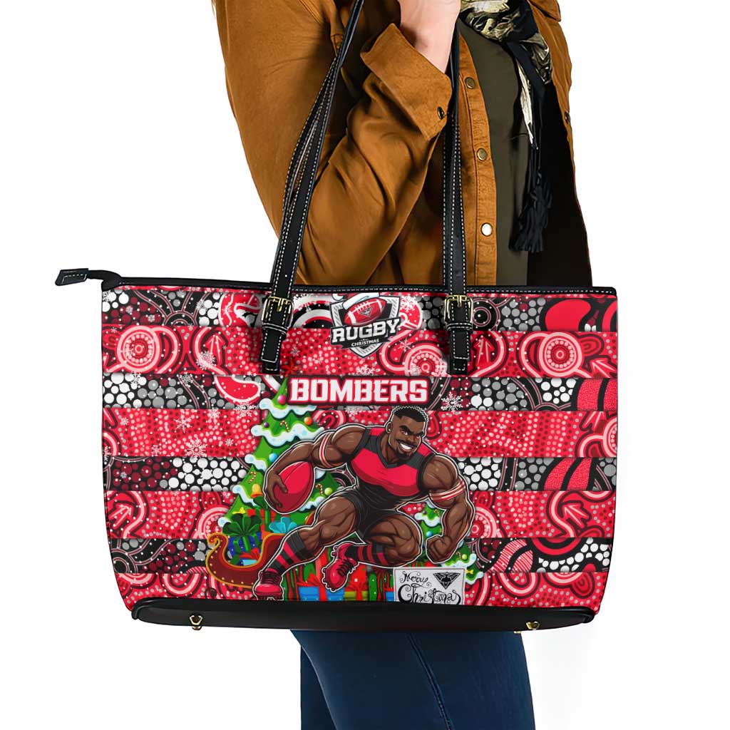 Bombers Football Merry Christmas Leather Tote Bag Indigenous Australian Art