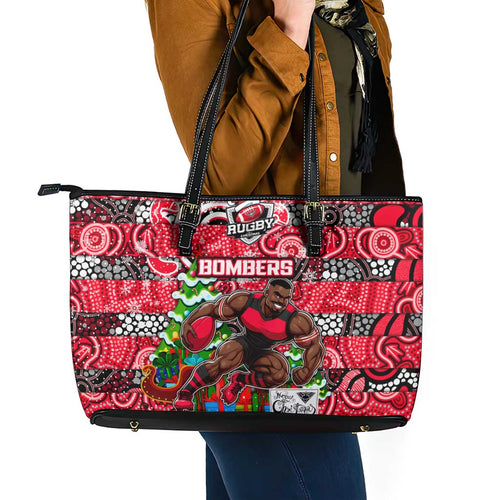 Bombers Football Merry Christmas Leather Tote Bag Indigenous Australian Art