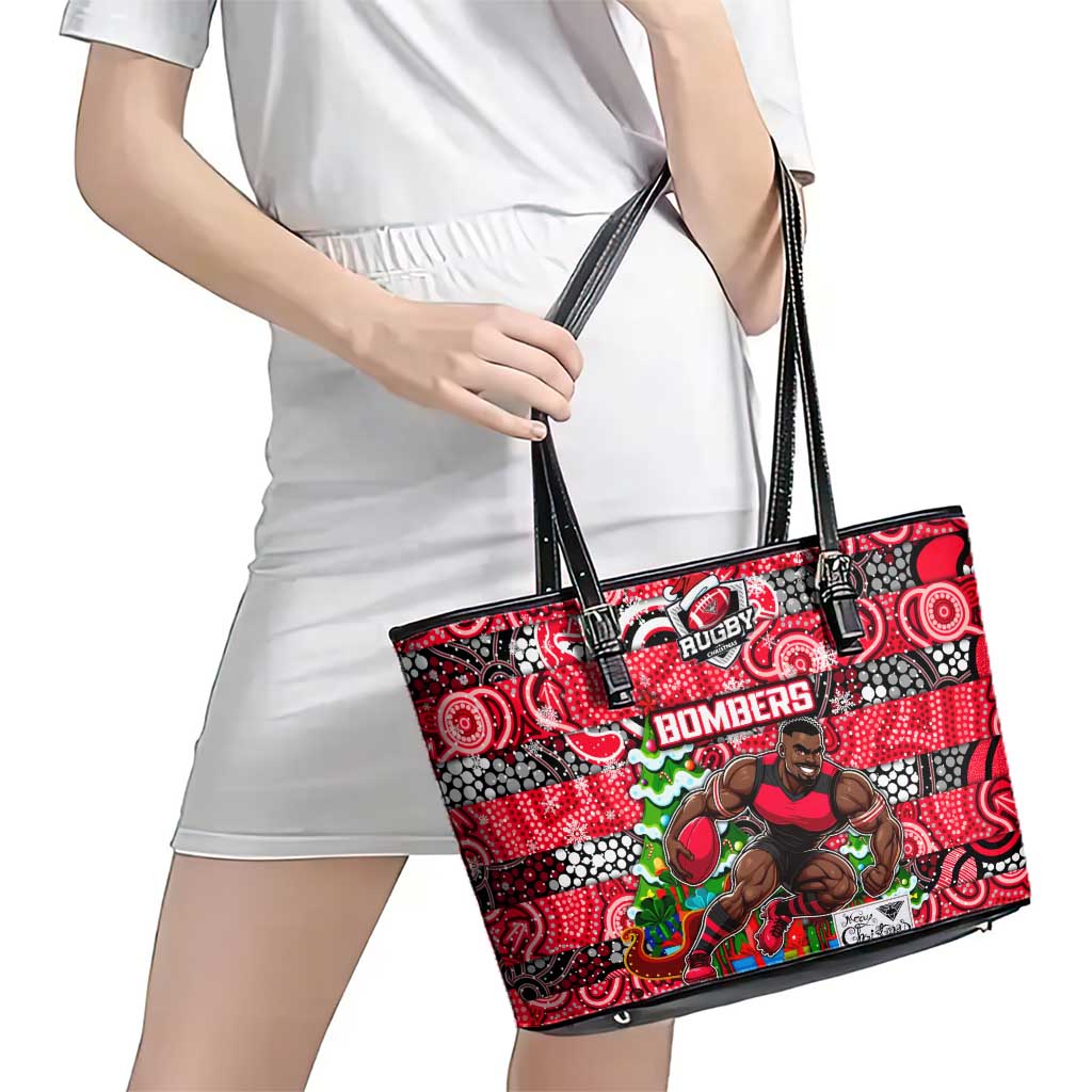 Bombers Football Merry Christmas Leather Tote Bag Indigenous Australian Art