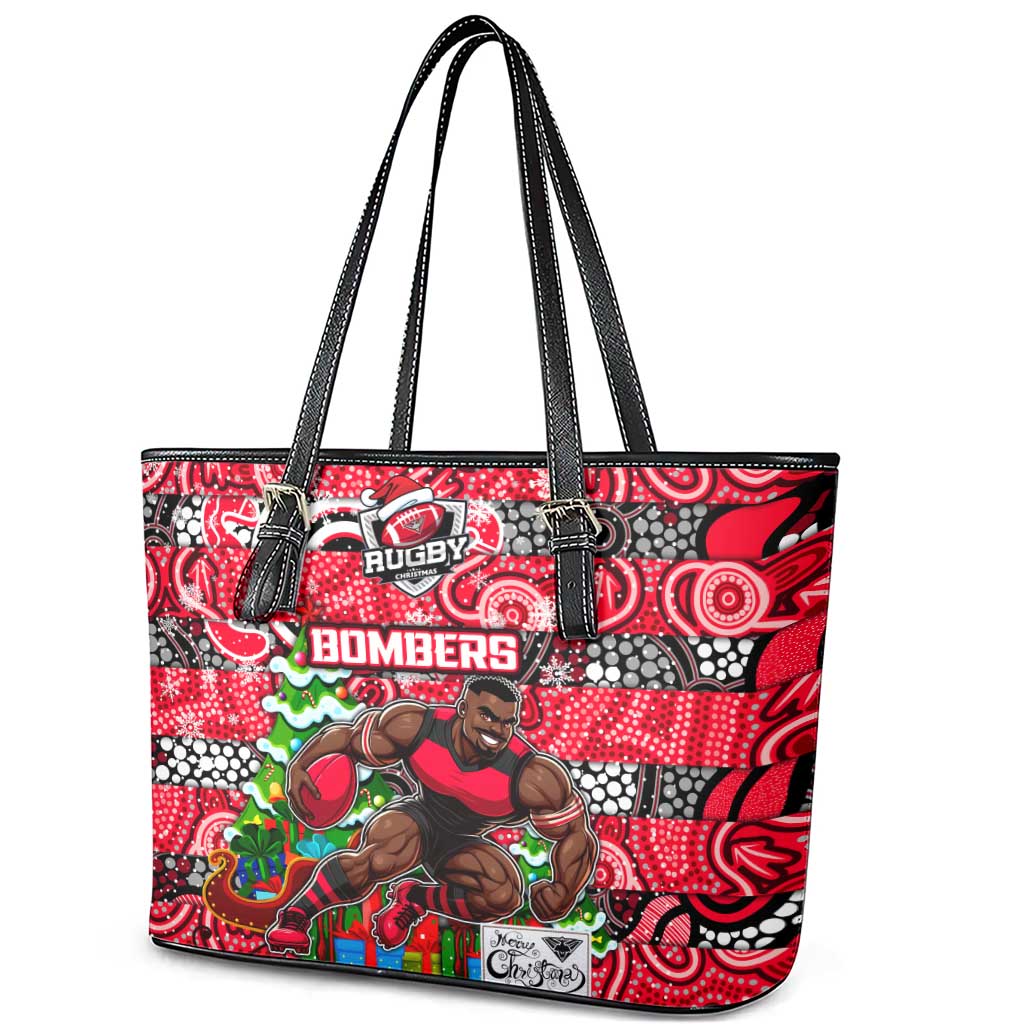 Bombers Football Merry Christmas Leather Tote Bag Indigenous Australian Art