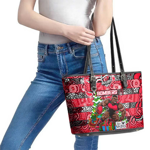 Bombers Football Merry Christmas Leather Tote Bag Indigenous Australian Art