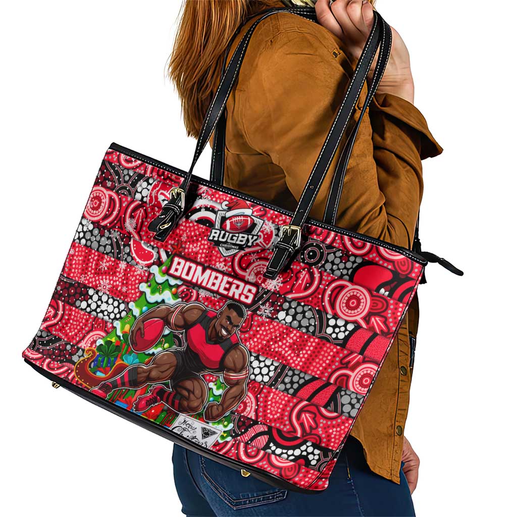 Bombers Football Merry Christmas Leather Tote Bag Indigenous Australian Art