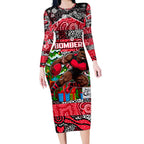 Custom Bombers Rugby Merry Christmas Long Sleeve Bodycon Dress Indigenous Australian Art