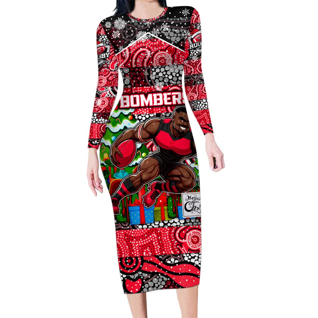 Custom Bombers Rugby Merry Christmas Long Sleeve Bodycon Dress Indigenous Australian Art