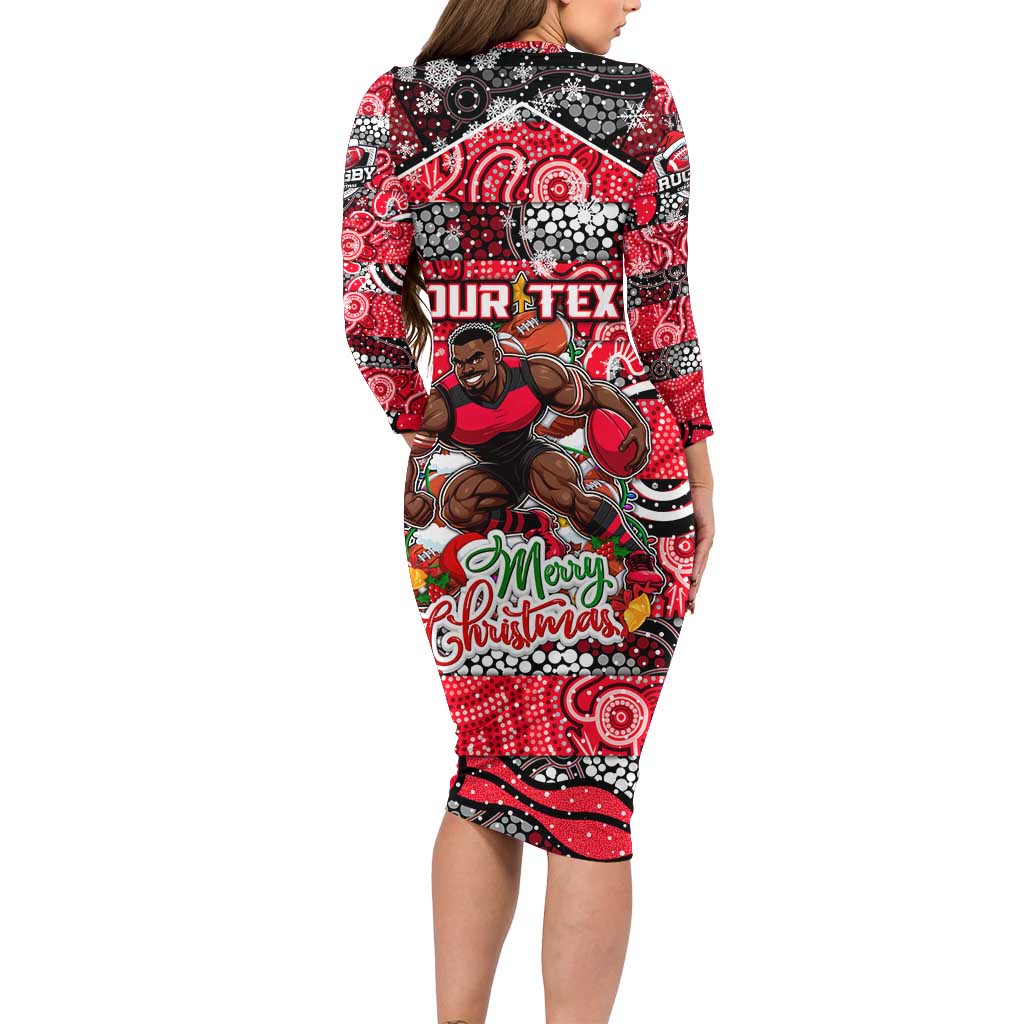 Custom Bombers Rugby Merry Christmas Long Sleeve Bodycon Dress Indigenous Australian Art