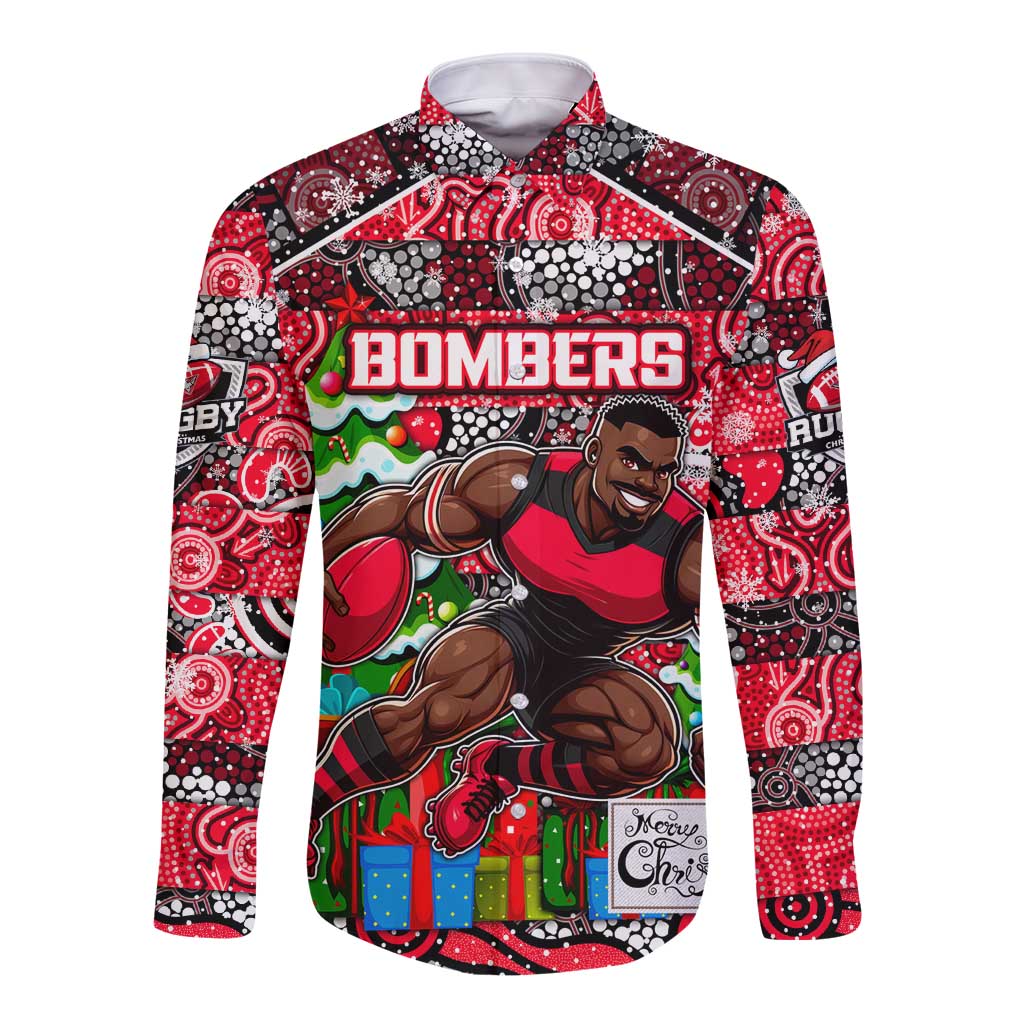 Custom Bombers Rugby Merry Christmas Long Sleeve Button Shirt Indigenous Australian Art