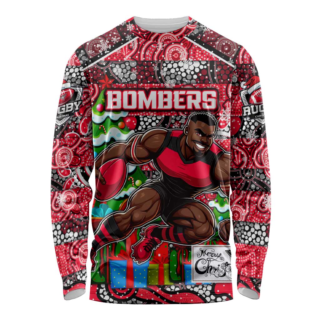 Custom Bombers Rugby Merry Christmas Long Sleeve Shirt Indigenous Australian Art