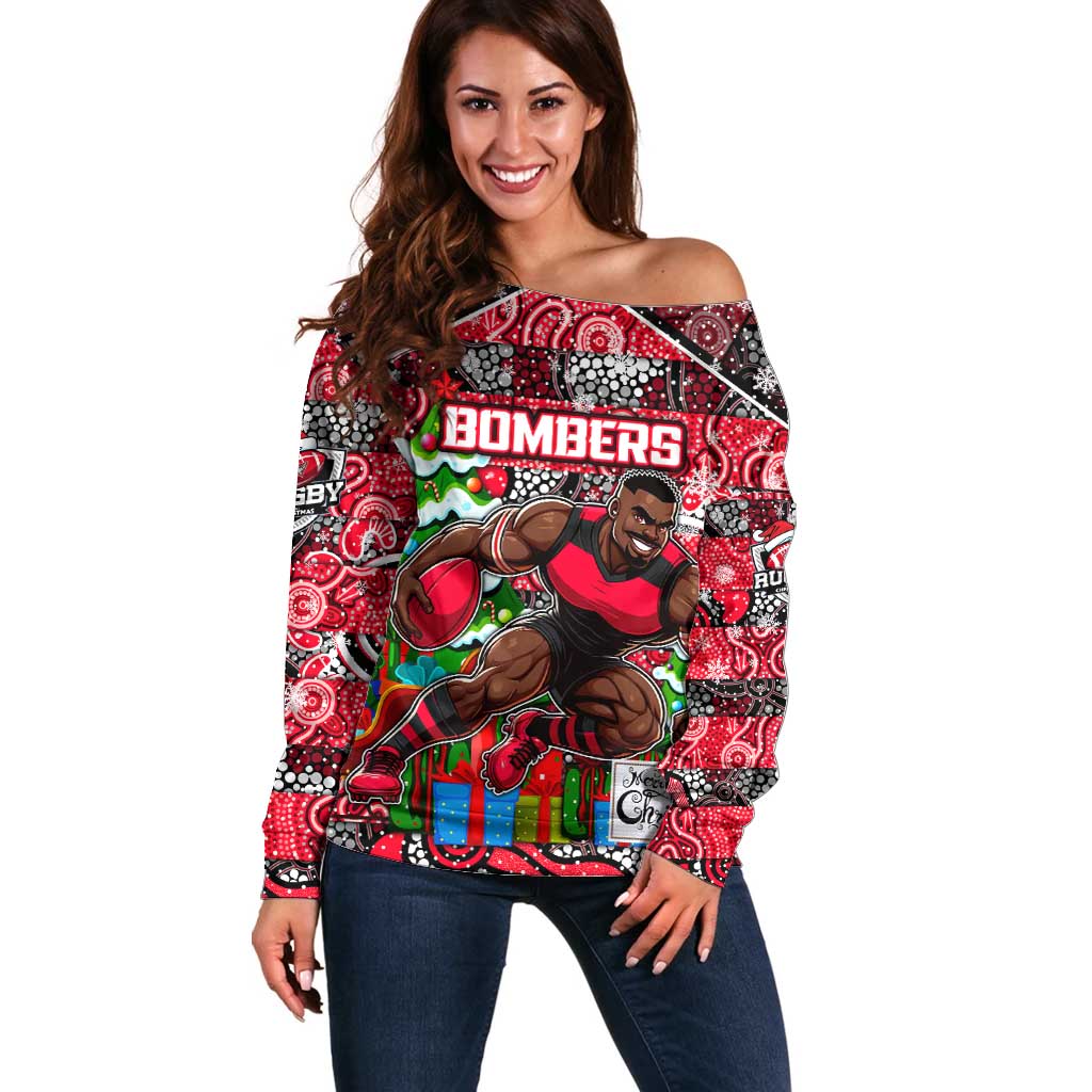 Custom Bombers Rugby Merry Christmas Off Shoulder Sweater Indigenous Australian Art