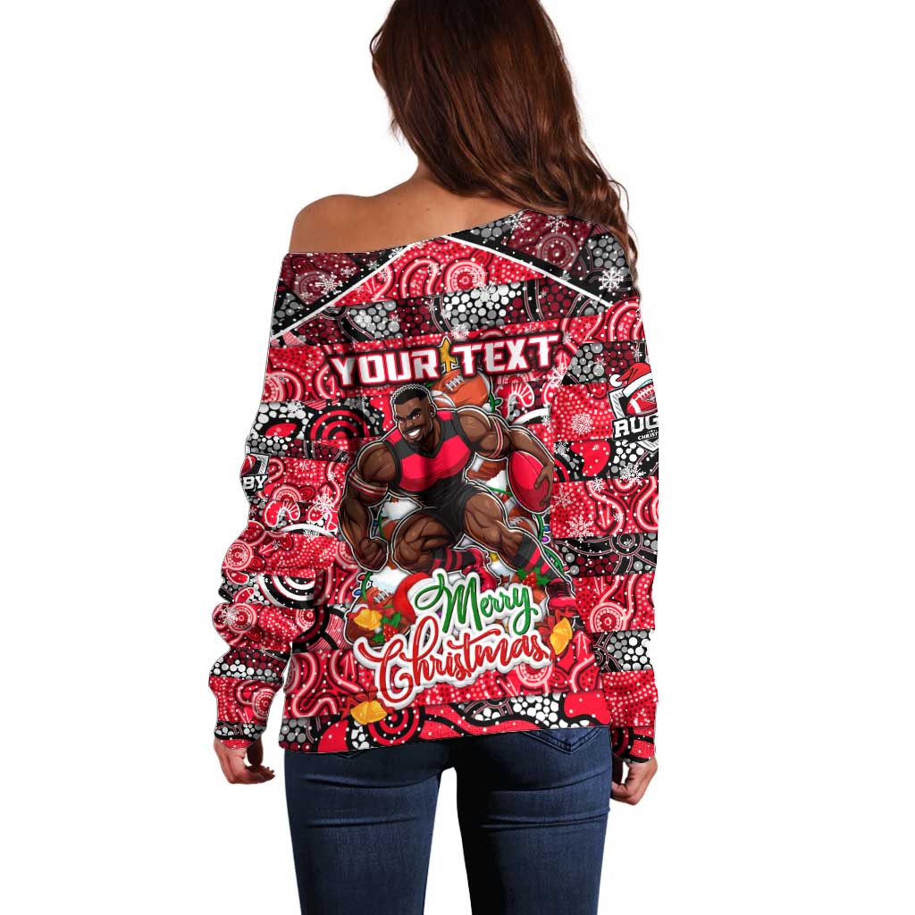 Custom Bombers Rugby Merry Christmas Off Shoulder Sweater Indigenous Australian Art