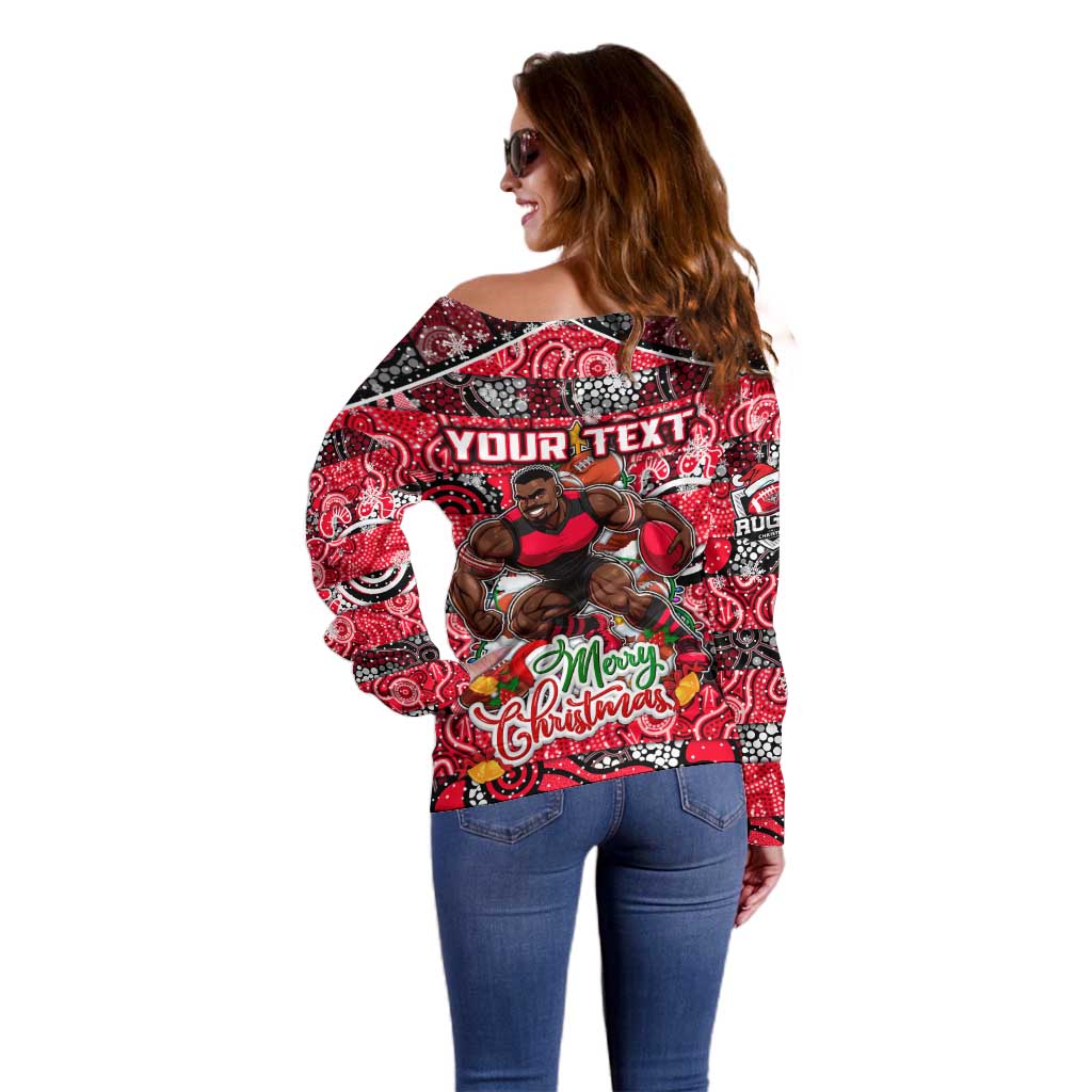 Custom Bombers Rugby Merry Christmas Off Shoulder Sweater Indigenous Australian Art