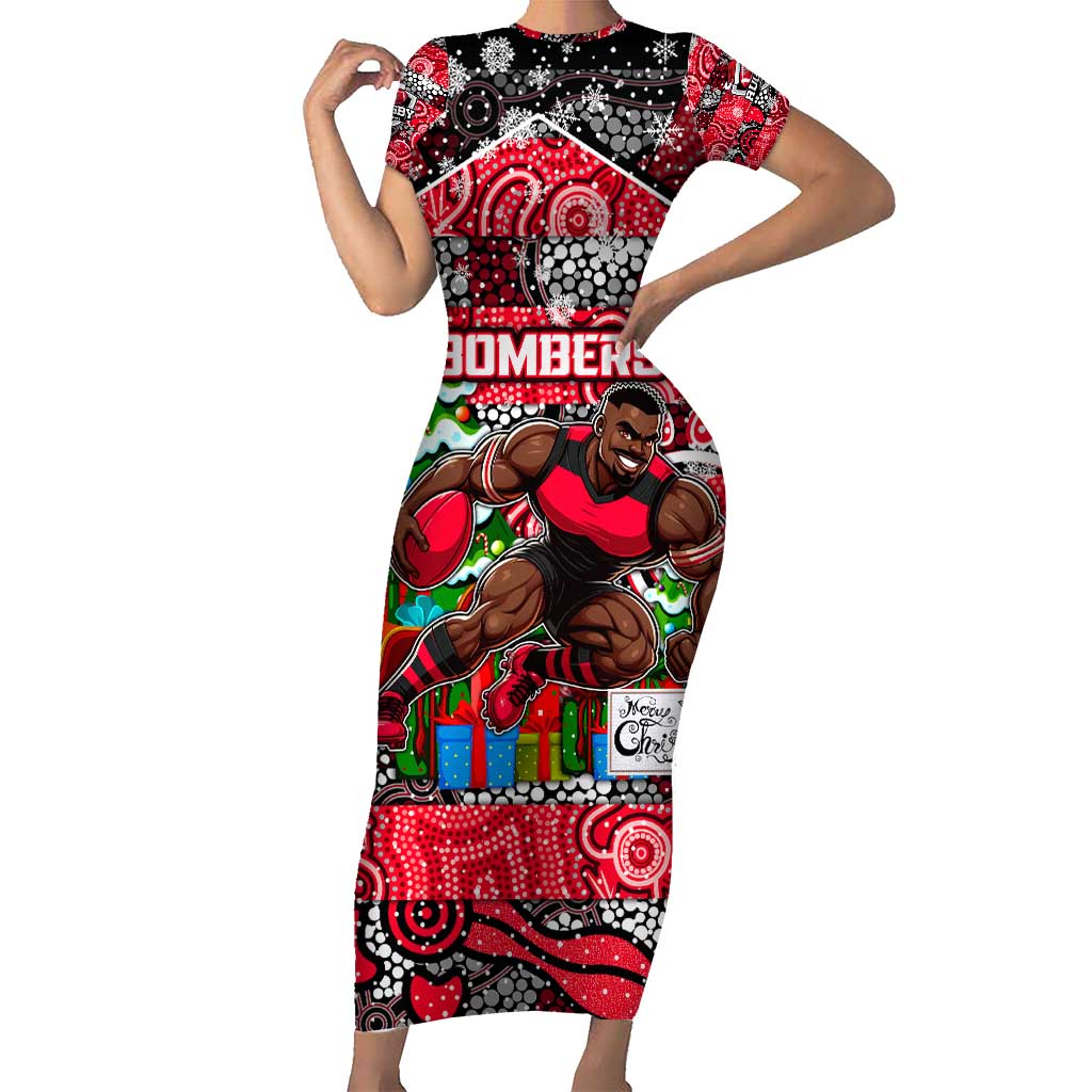 Custom Bombers Rugby Merry Christmas Short Sleeve Bodycon Dress Indigenous Australian Art