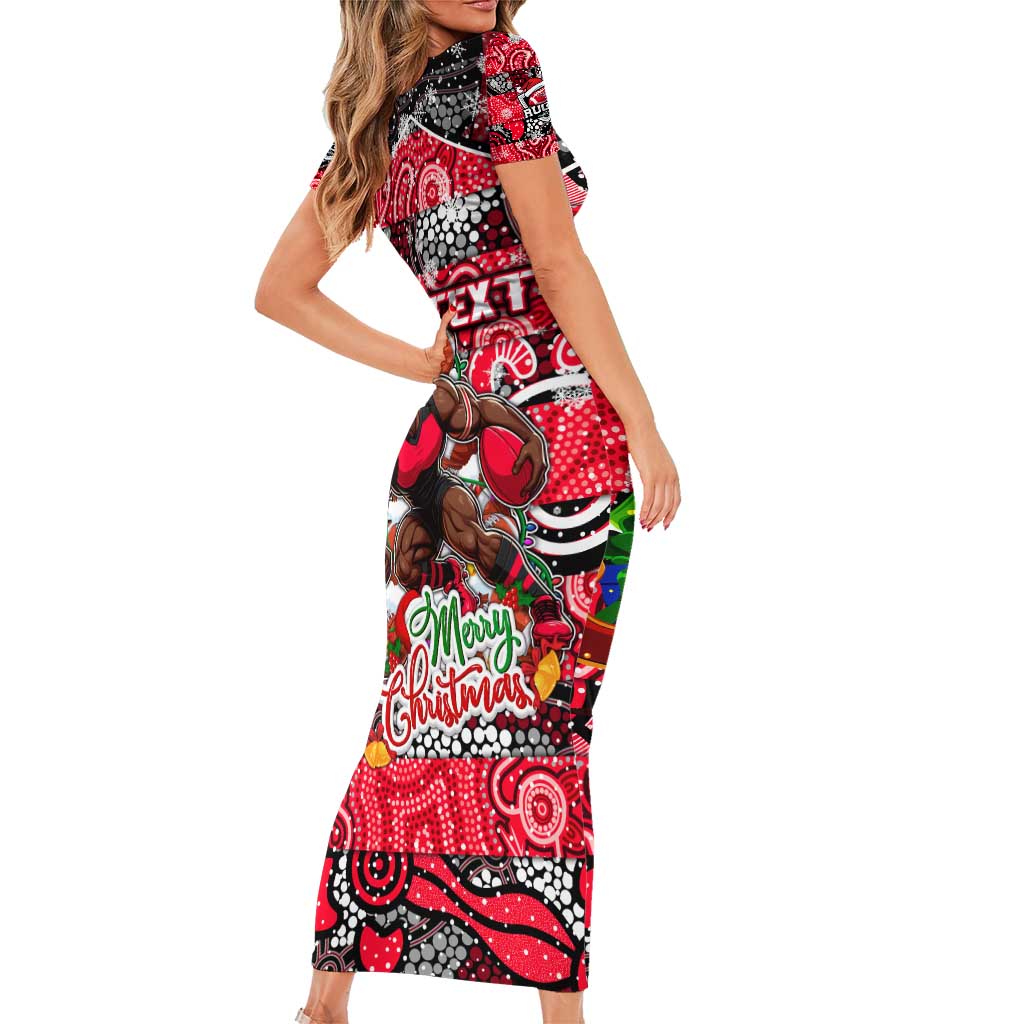 Custom Bombers Rugby Merry Christmas Short Sleeve Bodycon Dress Indigenous Australian Art