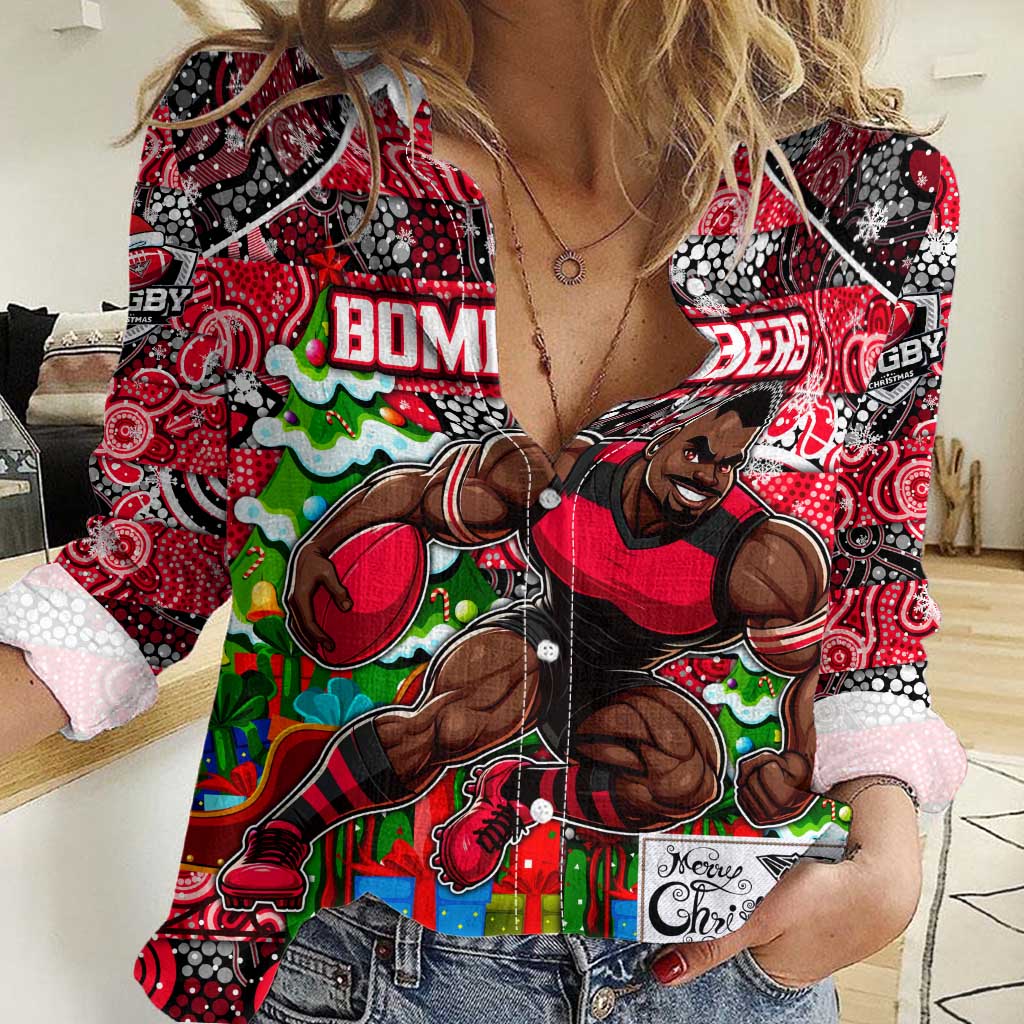Custom Bombers Rugby Merry Christmas Women Casual Shirt Indigenous Australian Art