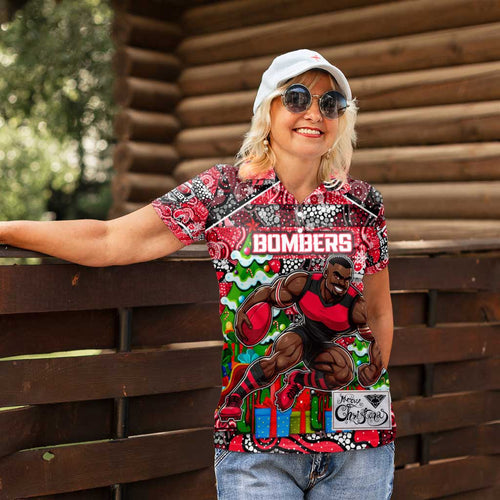 Custom Bombers Rugby Merry Christmas Women Polo Shirt Indigenous Australian Art