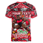 Custom Bombers Rugby Merry Christmas Women V-Neck T-Shirt Indigenous Australian Art