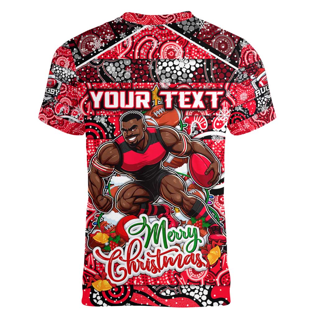Custom Bombers Rugby Merry Christmas Women V-Neck T-Shirt Indigenous Australian Art