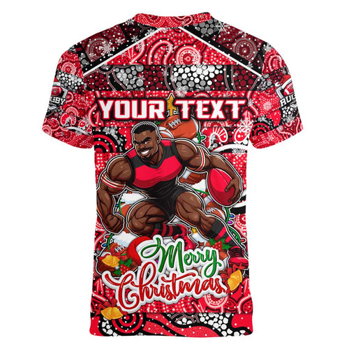 Custom Bombers Rugby Merry Christmas Women V-Neck T-Shirt Indigenous Australian Art