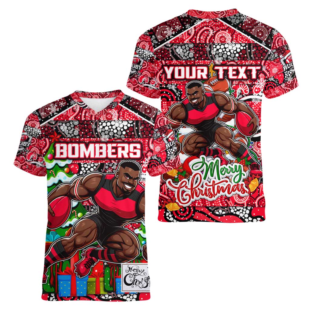 Custom Bombers Rugby Merry Christmas Women V-Neck T-Shirt Indigenous Australian Art