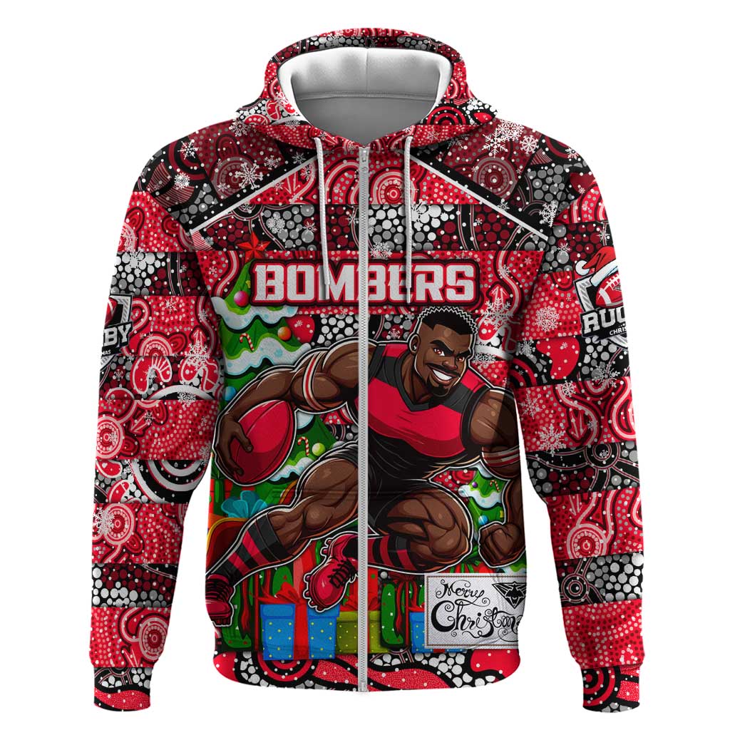Custom Bombers Rugby Merry Christmas Zip Hoodie Indigenous Australian Art