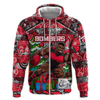Custom Bombers Rugby Merry Christmas Zip Hoodie Indigenous Australian Art