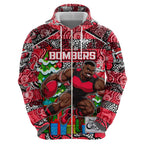 Custom Bombers Rugby Merry Christmas Zip Hoodie Indigenous Australian Art