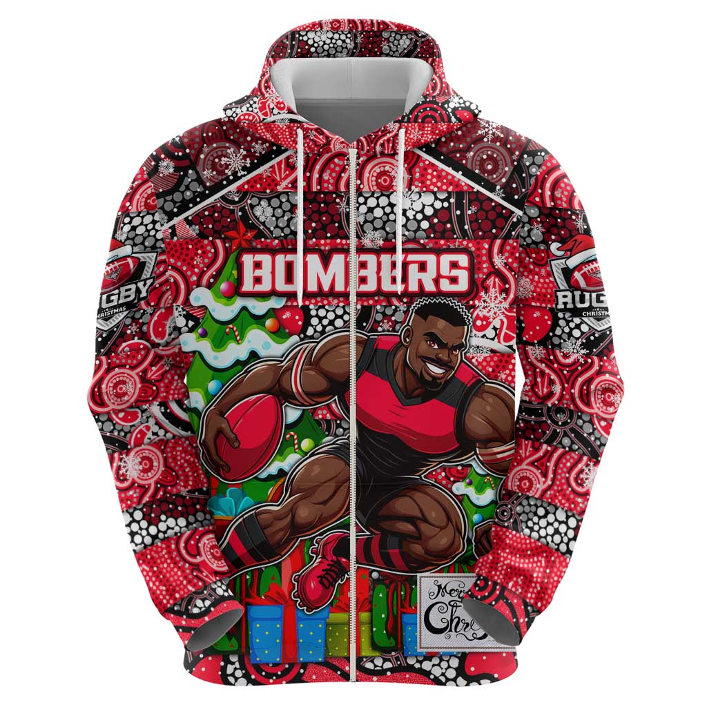 Custom Bombers Rugby Merry Christmas Zip Hoodie Indigenous Australian Art