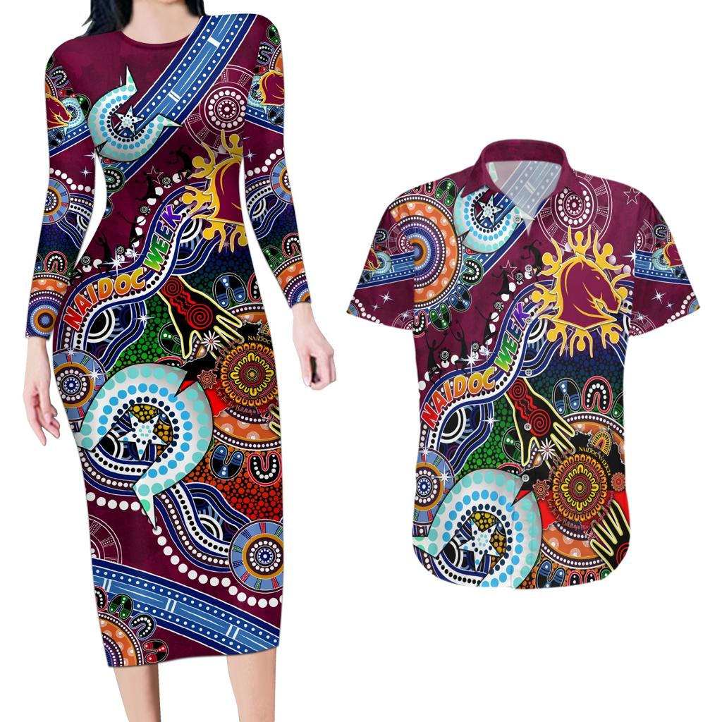 Personalised Broncos NAIDOC Week 2024 Couples Matching Long Sleeve Bodycon Dress and Hawaiian Shirt Australia Aboriginal Dot Painting