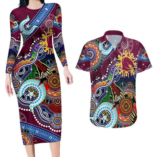 Personalised Broncos NAIDOC Week 2024 Couples Matching Long Sleeve Bodycon Dress and Hawaiian Shirt Australia Aboriginal Dot Painting