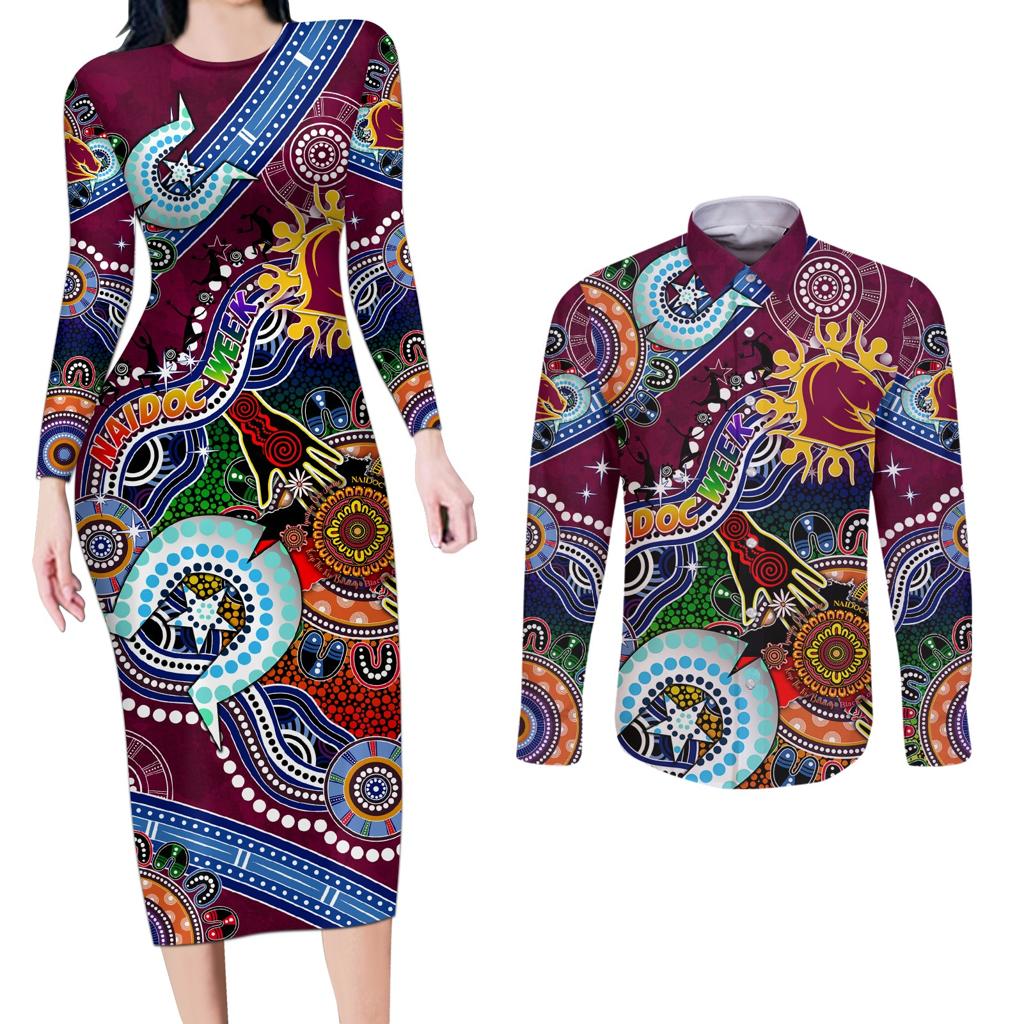 Personalised Broncos NAIDOC Week 2024 Couples Matching Long Sleeve Bodycon Dress and Long Sleeve Button Shirt Australia Aboriginal Dot Painting