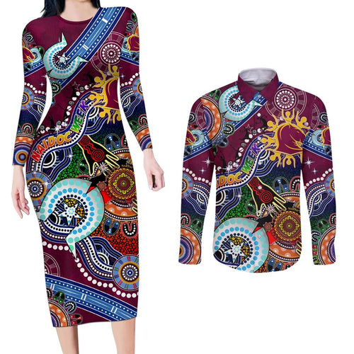 Personalised Broncos NAIDOC Week 2024 Couples Matching Long Sleeve Bodycon Dress and Long Sleeve Button Shirt Australia Aboriginal Dot Painting