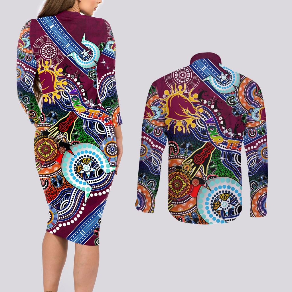 Personalised Broncos NAIDOC Week 2024 Couples Matching Long Sleeve Bodycon Dress and Long Sleeve Button Shirt Australia Aboriginal Dot Painting