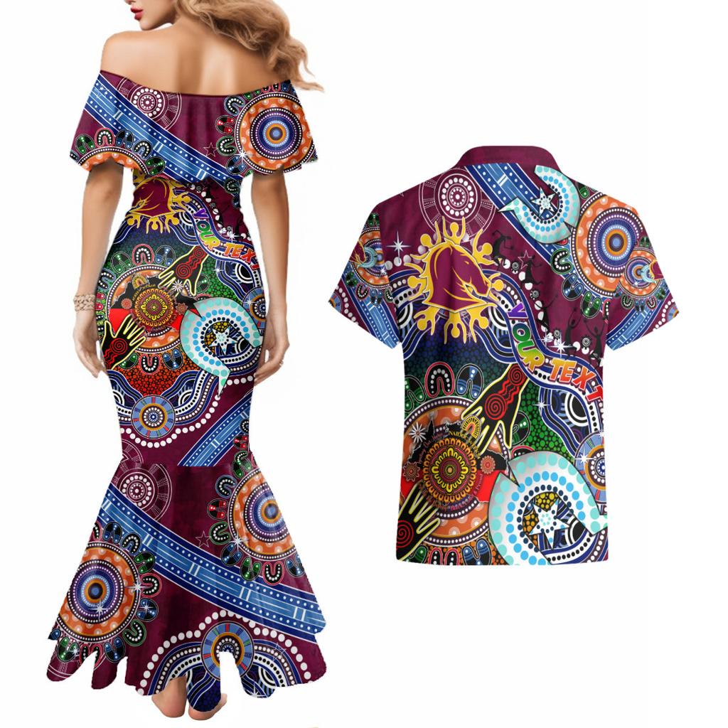 Personalised Broncos NAIDOC Week 2024 Couples Matching Mermaid Dress and Hawaiian Shirt Australia Aboriginal Dot Painting