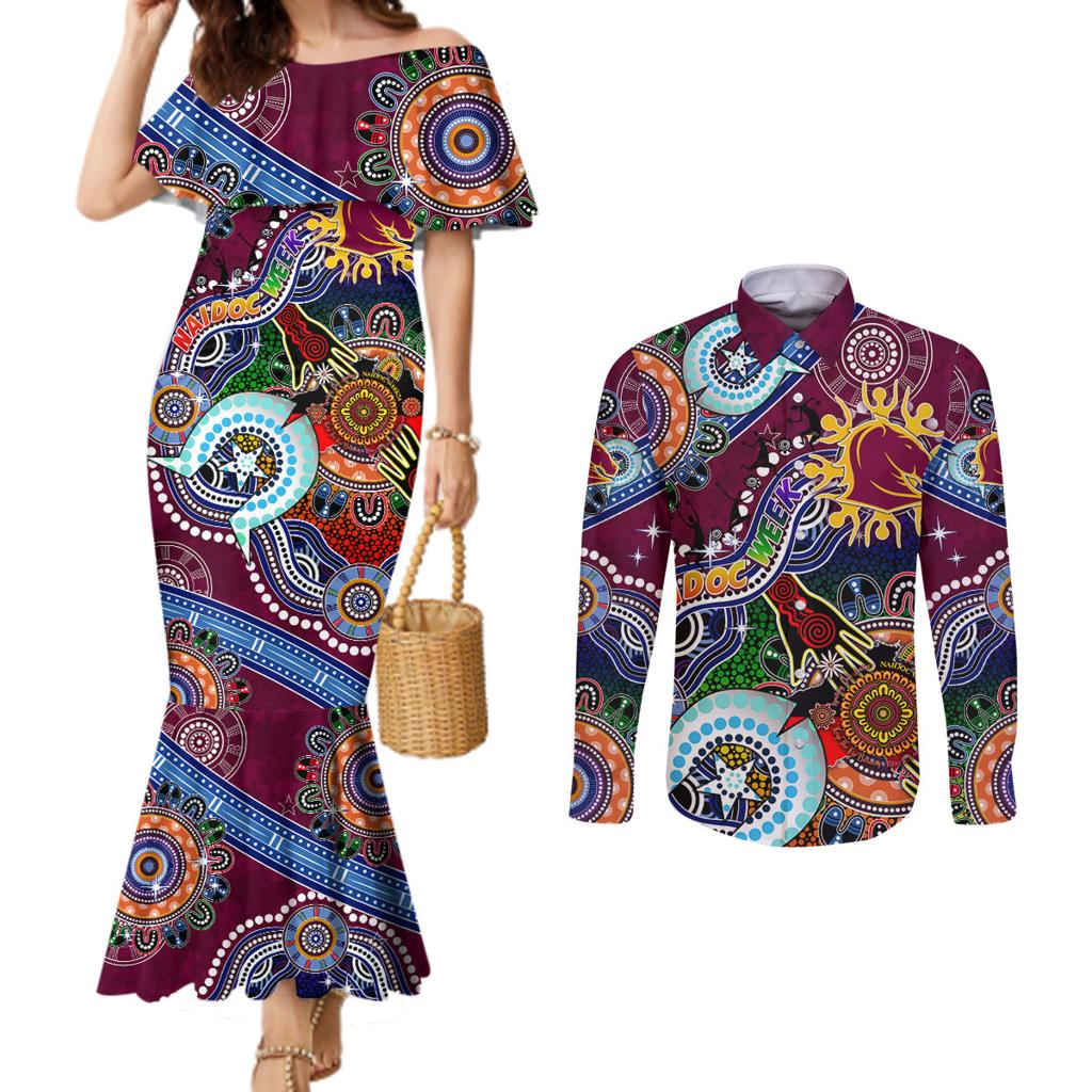 Personalised Broncos NAIDOC Week 2024 Couples Matching Mermaid Dress and Long Sleeve Button Shirt Australia Aboriginal Dot Painting
