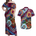 Personalised Broncos NAIDOC Week 2024 Couples Matching Off Shoulder Maxi Dress and Hawaiian Shirt Australia Aboriginal Dot Painting