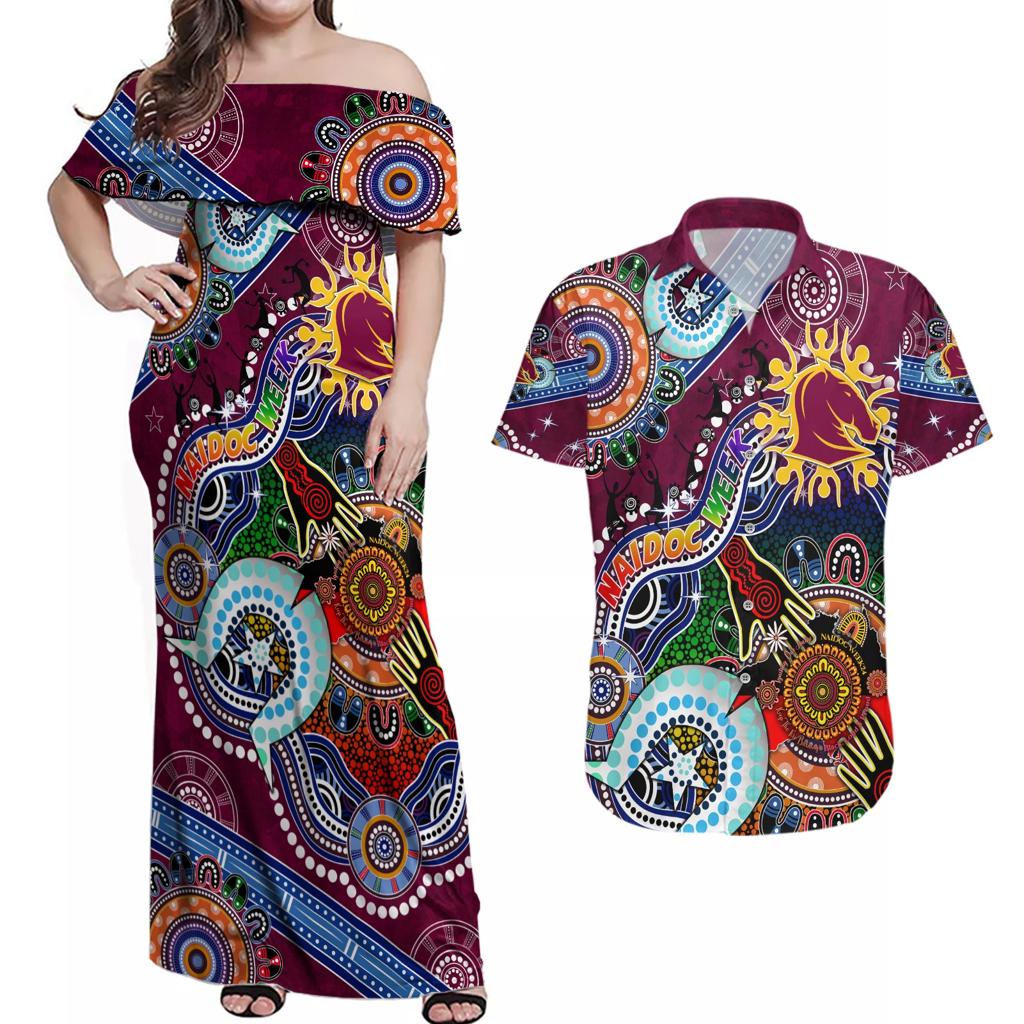 Personalised Broncos NAIDOC Week 2024 Couples Matching Off Shoulder Maxi Dress and Hawaiian Shirt Australia Aboriginal Dot Painting