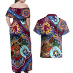 Personalised Broncos NAIDOC Week 2024 Couples Matching Off Shoulder Maxi Dress and Hawaiian Shirt Australia Aboriginal Dot Painting