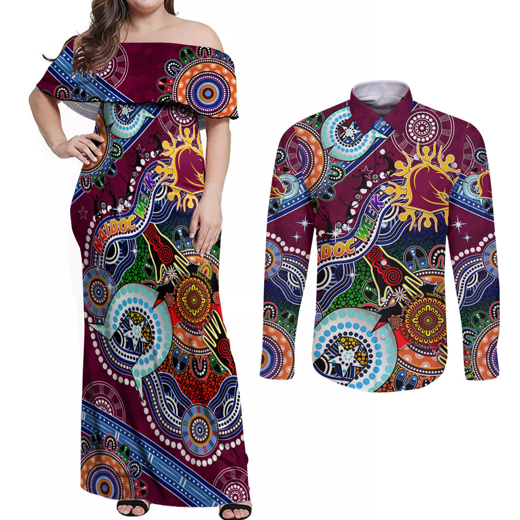 Personalised Broncos NAIDOC Week 2024 Couples Matching Off Shoulder Maxi Dress and Long Sleeve Button Shirt Australia Aboriginal Dot Painting