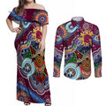 Personalised Broncos NAIDOC Week 2024 Couples Matching Off Shoulder Maxi Dress and Long Sleeve Button Shirt Australia Aboriginal Dot Painting
