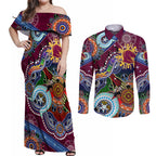 Personalised Broncos NAIDOC Week 2024 Couples Matching Off Shoulder Maxi Dress and Long Sleeve Button Shirt Australia Aboriginal Dot Painting