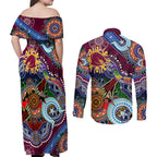 Personalised Broncos NAIDOC Week 2024 Couples Matching Off Shoulder Maxi Dress and Long Sleeve Button Shirt Australia Aboriginal Dot Painting