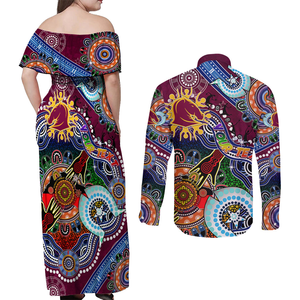 Personalised Broncos NAIDOC Week 2024 Couples Matching Off Shoulder Maxi Dress and Long Sleeve Button Shirt Australia Aboriginal Dot Painting