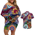 Personalised Broncos NAIDOC Week 2024 Couples Matching Off Shoulder Short Dress and Hawaiian Shirt Australia Aboriginal Dot Painting