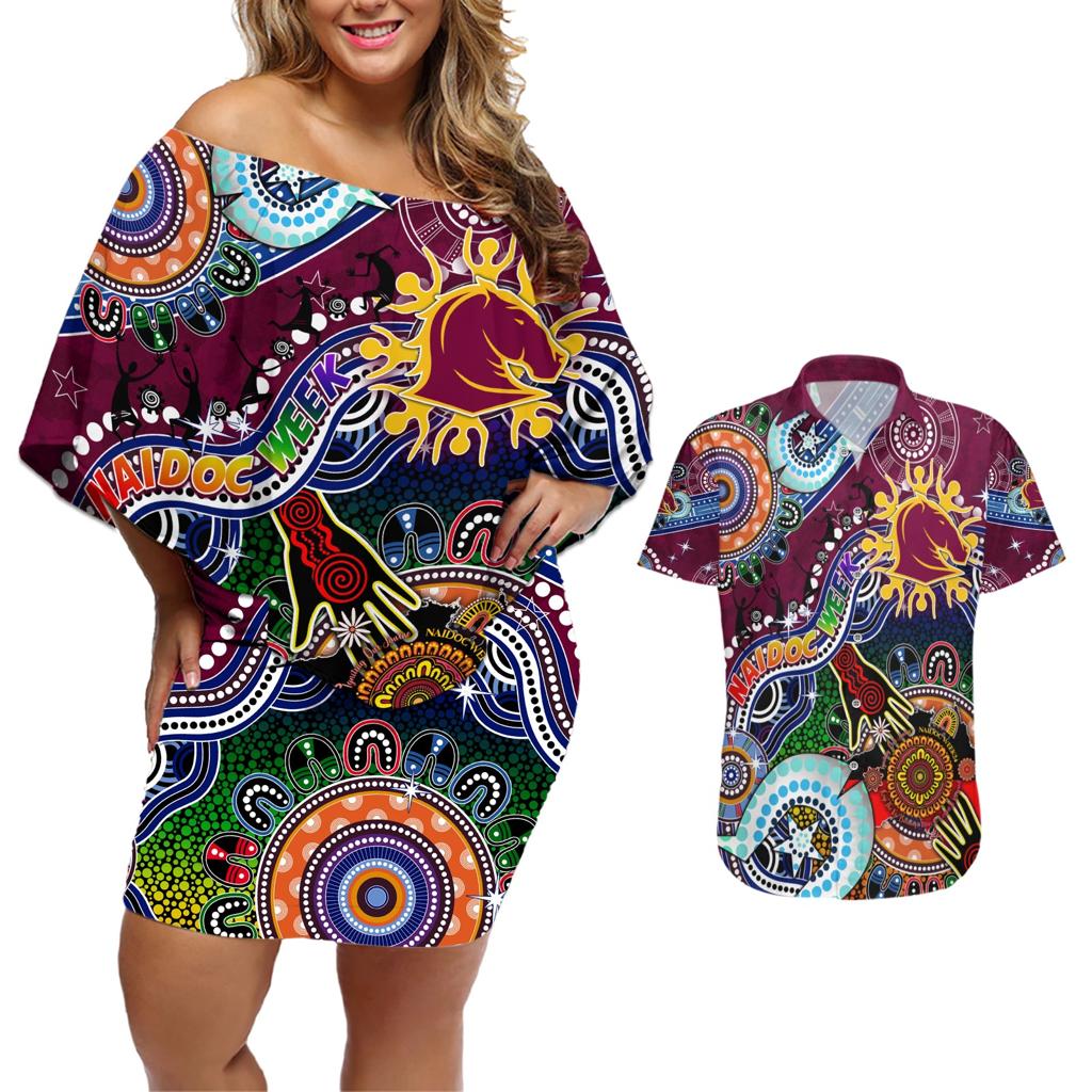 Personalised Broncos NAIDOC Week 2024 Couples Matching Off Shoulder Short Dress and Hawaiian Shirt Australia Aboriginal Dot Painting