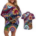 Personalised Broncos NAIDOC Week 2024 Couples Matching Off Shoulder Short Dress and Hawaiian Shirt Australia Aboriginal Dot Painting