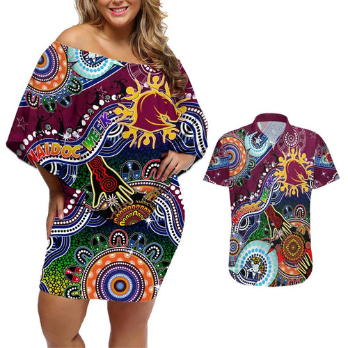 Personalised Broncos NAIDOC Week 2024 Couples Matching Off Shoulder Short Dress and Hawaiian Shirt Australia Aboriginal Dot Painting