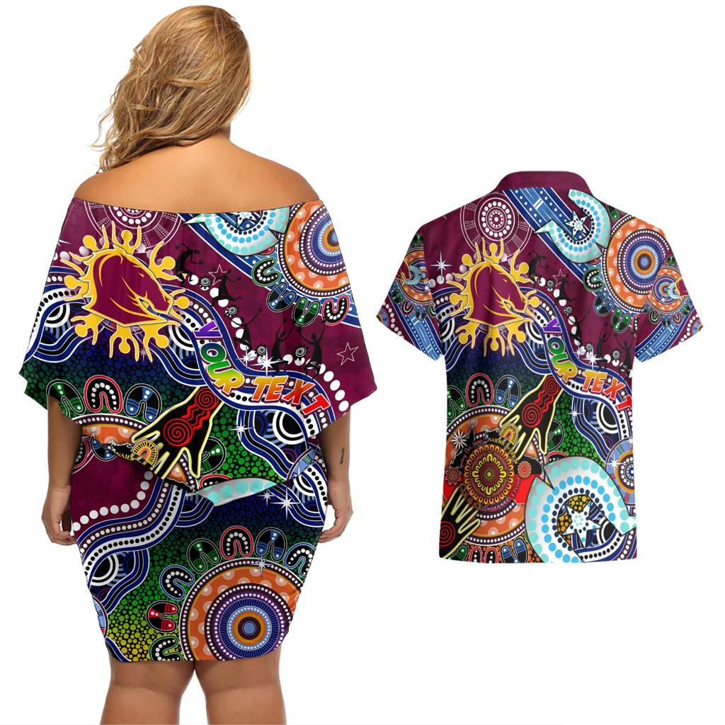 Personalised Broncos NAIDOC Week 2024 Couples Matching Off Shoulder Short Dress and Hawaiian Shirt Australia Aboriginal Dot Painting