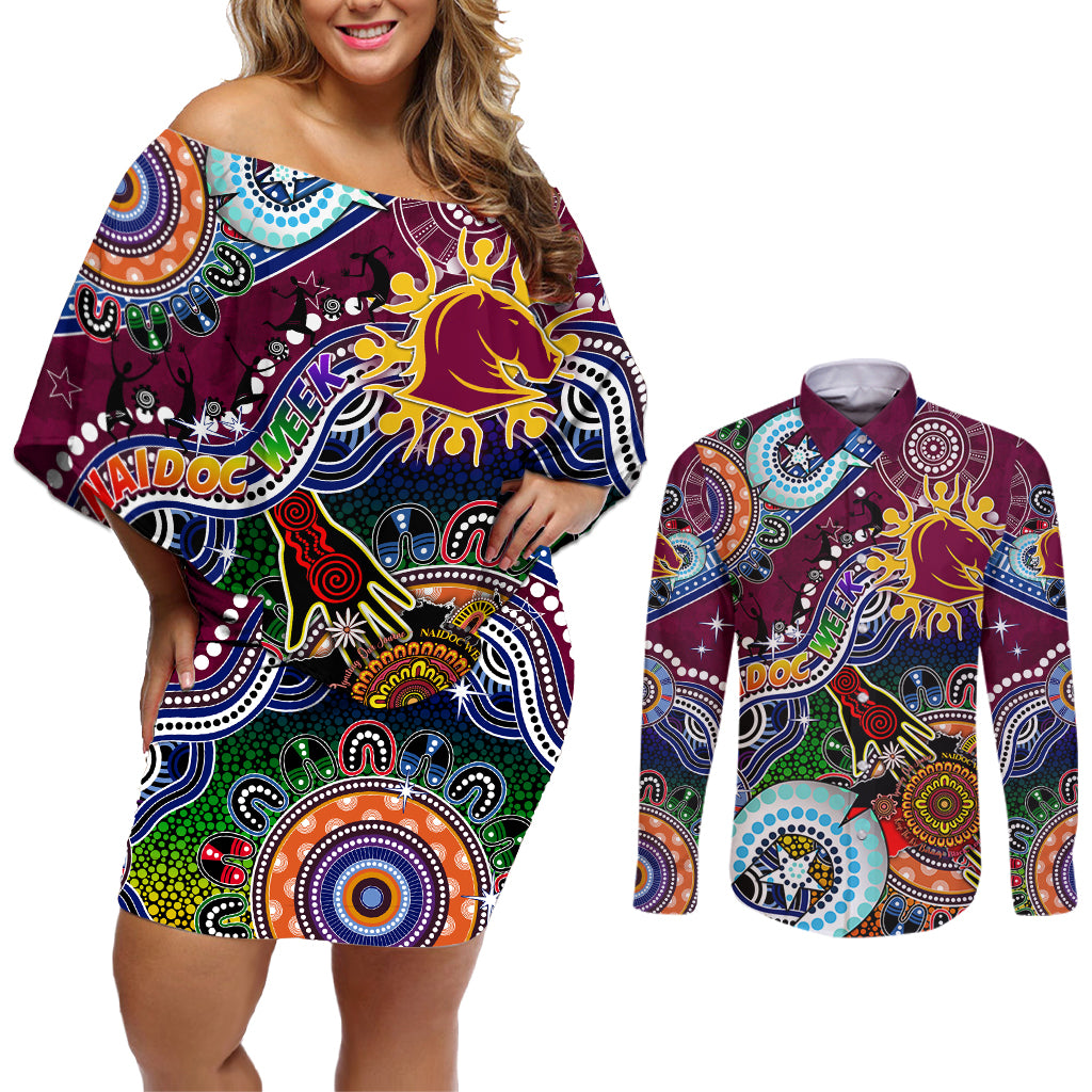 Personalised Broncos NAIDOC Week 2024 Couples Matching Off Shoulder Short Dress and Long Sleeve Button Shirt Australia Aboriginal Dot Painting