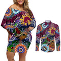 Personalised Broncos NAIDOC Week 2024 Couples Matching Off Shoulder Short Dress and Long Sleeve Button Shirt Australia Aboriginal Dot Painting